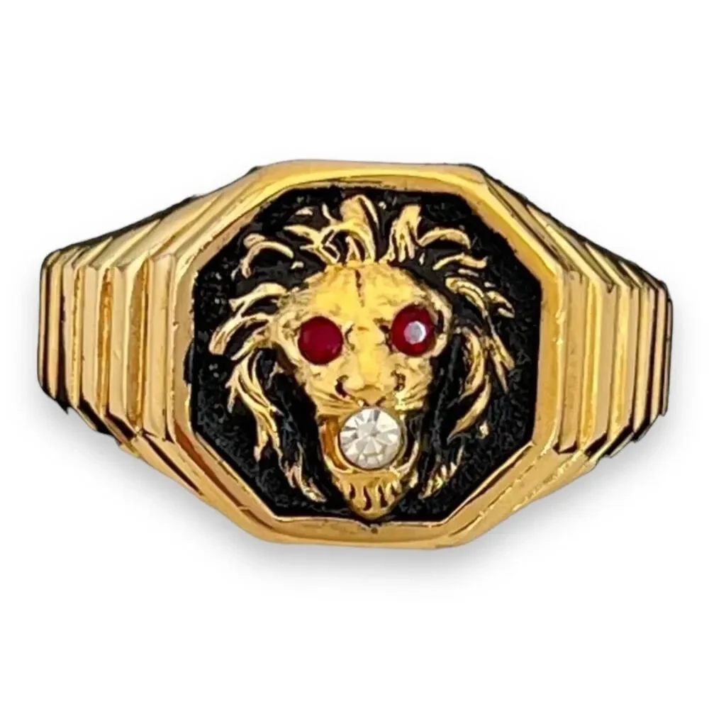 Vintage 1970s Ring Size 13 Clark Coombs Lions Head Crystal Eyes Gold Plate - 14P